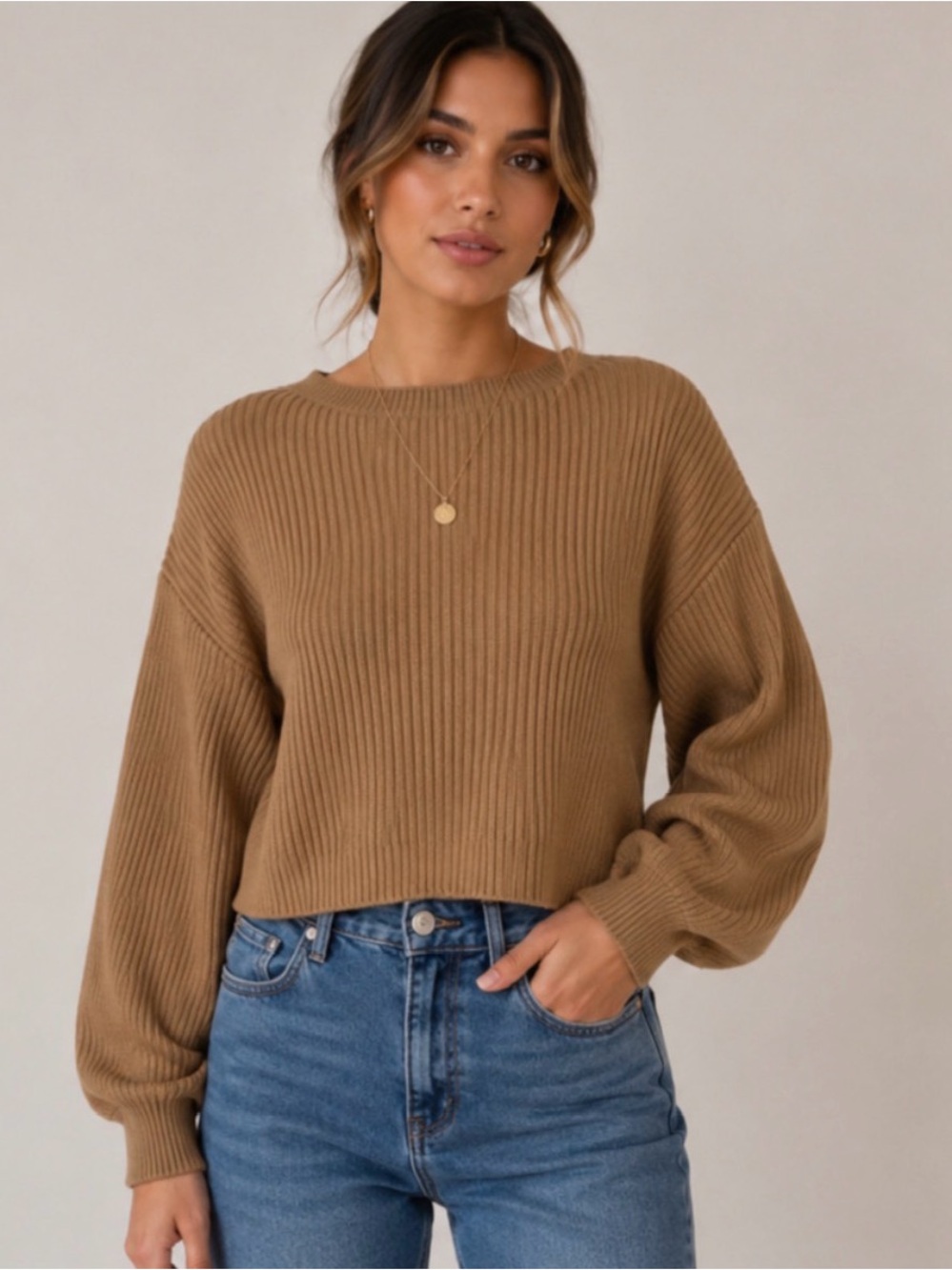 Line & Dot Cozy Ribbed Balloon-Sleeve Sweater - Camel